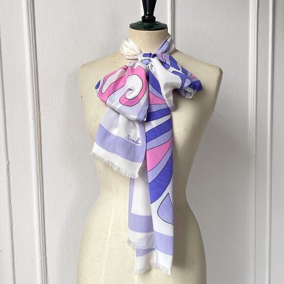 VTG Deco Abstract Floral Rectangle Silk Scarf 70s Signed Scali Pink Raw Edge - Picture 6 of 6